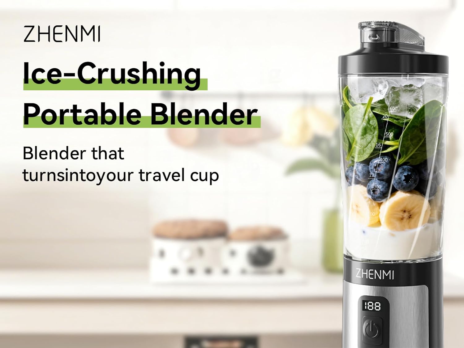 Portable Blender, Personal Blender for Smoothies & Shakes,Ice Crush, 3 Programs, USB-C Rechargeable, 20 oz removable Vessel, Dishwasher Safe, Leakproof, black
