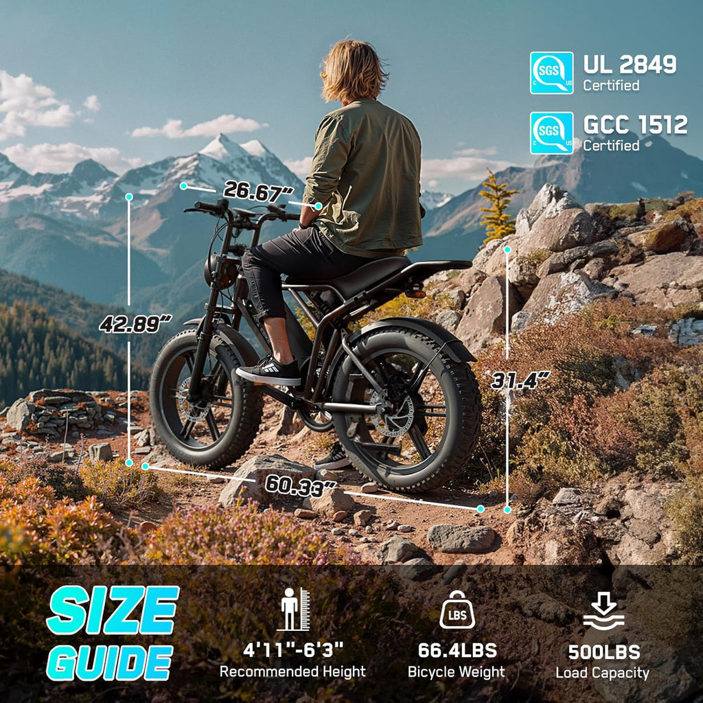TST Electric Bike for Adults 1500W Peak 20" Fat Tire All-Terrain E-Bike 60/110 Miles Electric Dirt Bike - 48V 15/25 AH Battery Tested to UL 2849 Powered Electric Bicycle