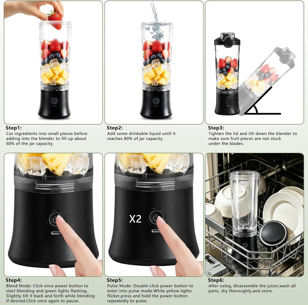 CC Store Portable Blender, USB-C Rechargeable Personal Blender for Shakes and Smoothies, 2o oz Leakproof Travel Cup with Pulse Mode & LED Light, BPA Free, Cordless for Home Gym Office Travel, Black
