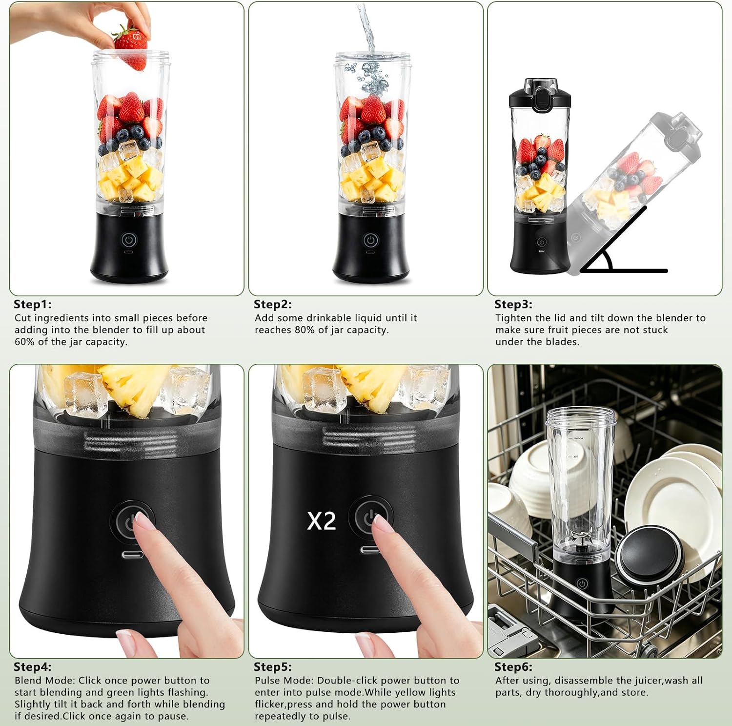 CC Store Portable Blender, USB-C Rechargeable Personal Blender for Shakes and Smoothies, 2o oz Leakproof Travel Cup with Pulse Mode & LED Light, BPA Free, Cordless for Home Gym Office Travel, Black