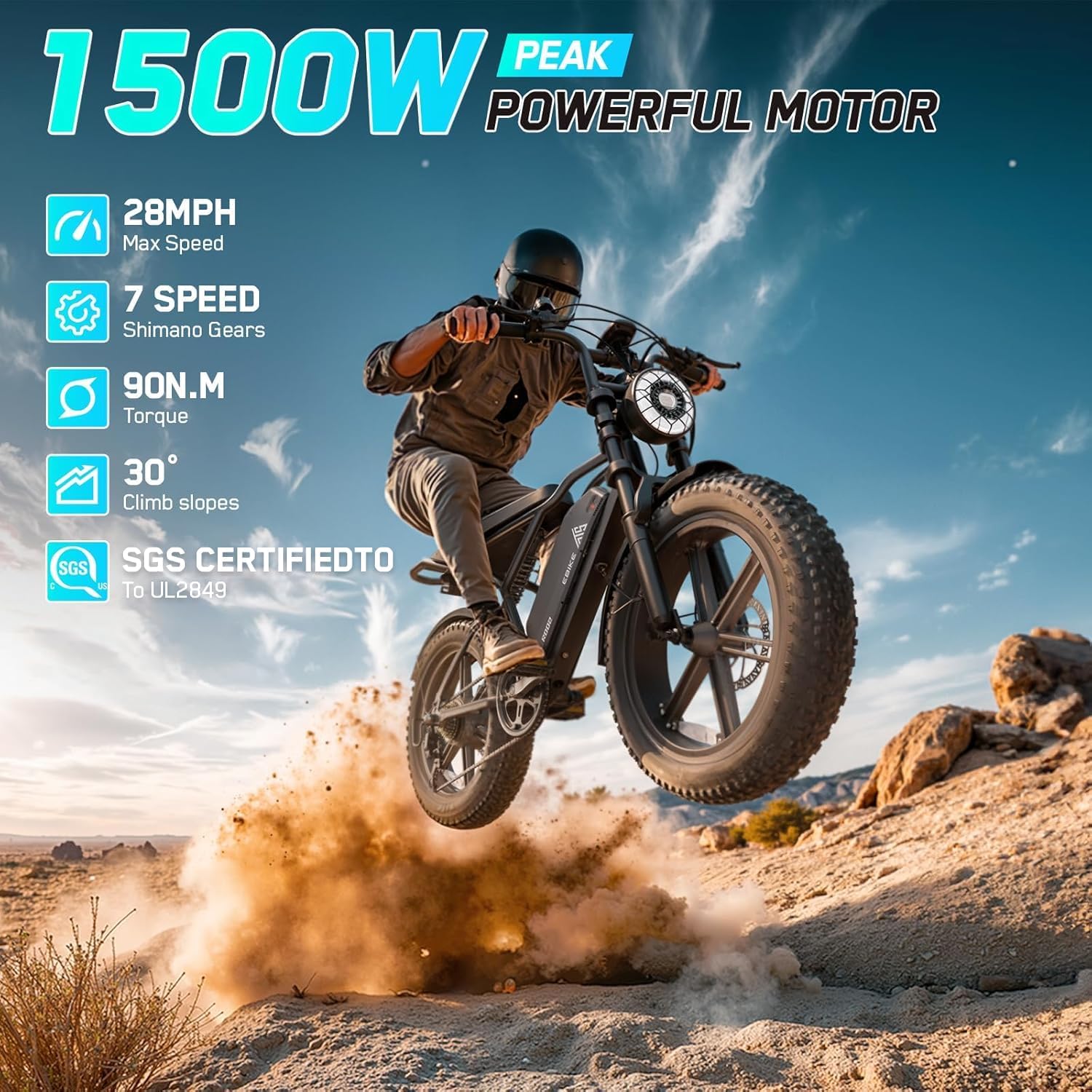 TST Electric Bike for Adults 1500W Peak 20" Fat Tire All-Terrain E-Bike 60/110 Miles Electric Dirt Bike - 48V 15/25 AH Battery Tested to UL 2849 Powered Electric Bicycle